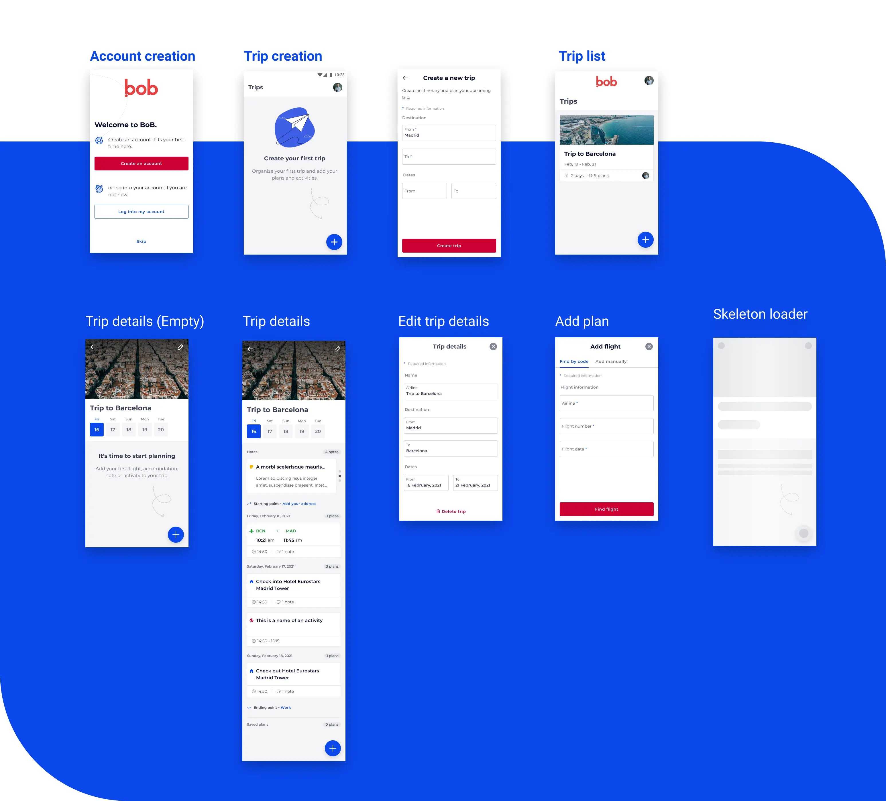 BoB trip planning hero screens