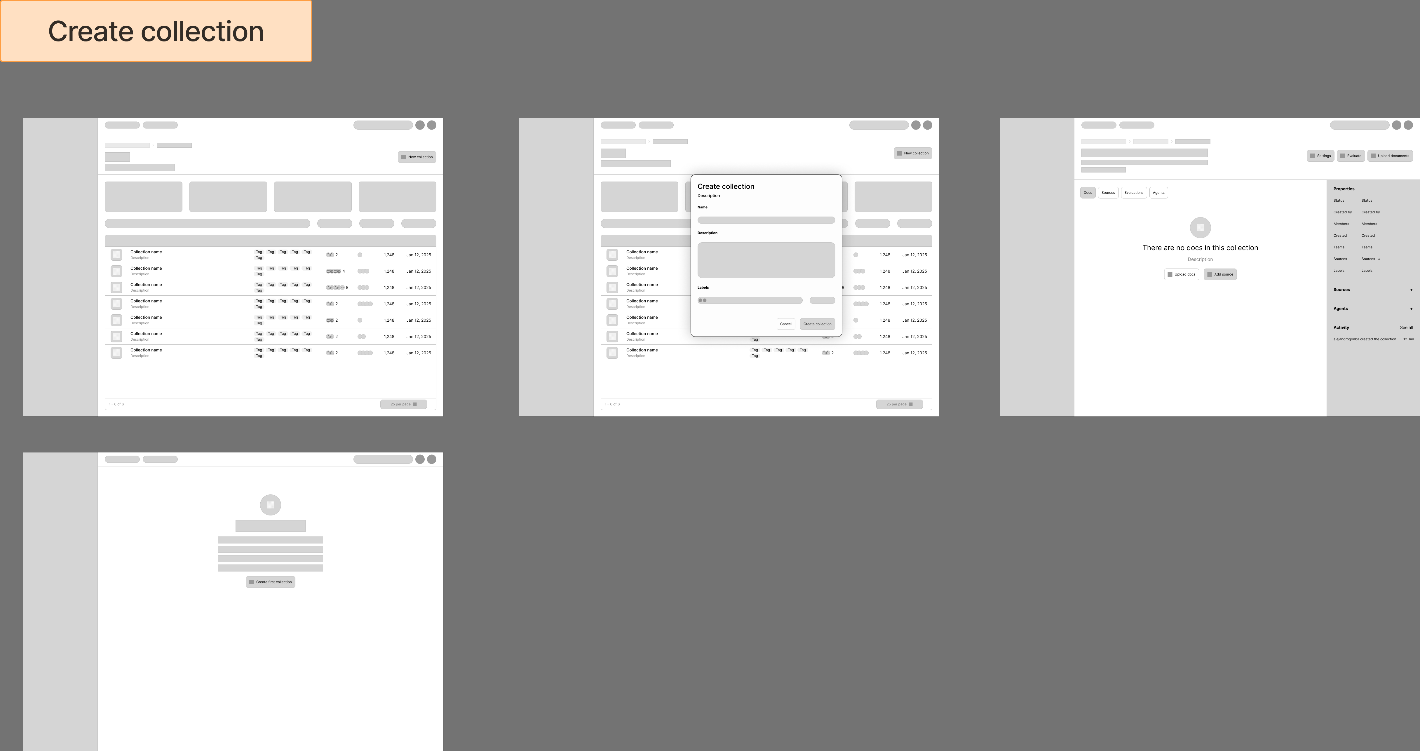 Low-fidelity wireframe for creating a collection