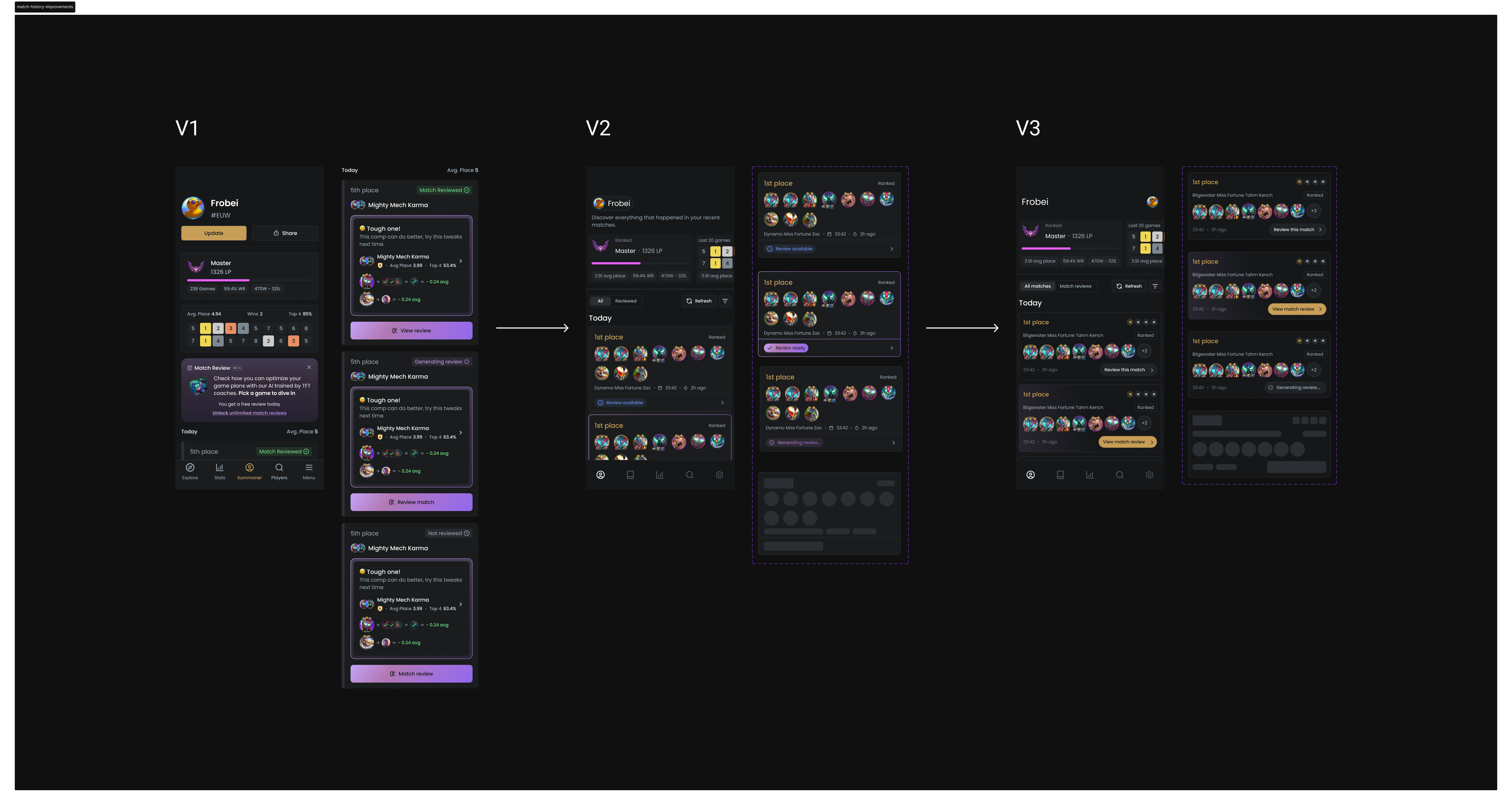 Match history redesign iterations