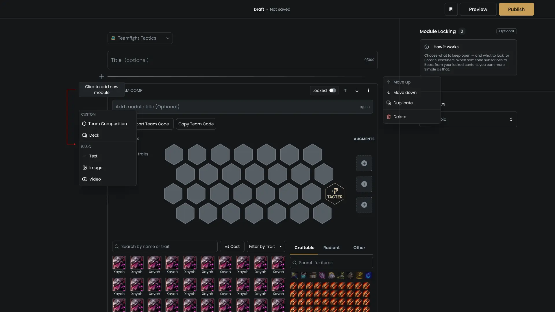 Content builder interface showing tooltips and module options